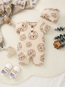 Newborn Baby Boy Cartoon Graphic Button Front Romper With Accessory Hat - Apricot - View 1