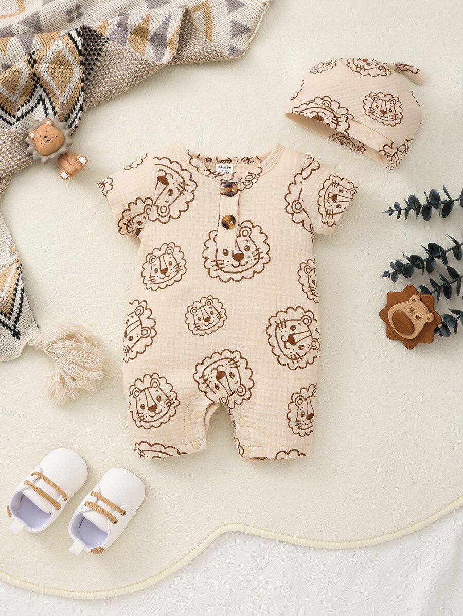 Newborn Baby Boy Cartoon Graphic Button Front Romper With Accessory Hat - Apricot - View 1