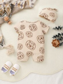 Newborn Baby Boy Cartoon Graphic Button Front Romper With Accessory Hat - Apricot - View 2