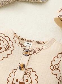 Newborn Baby Boy Cartoon Graphic Button Front Romper With Accessory Hat - Apricot - View 5