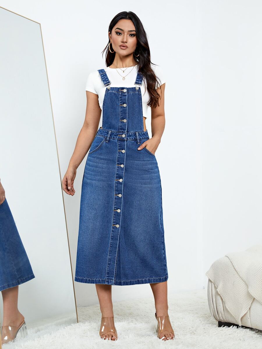 Button Front Denim Pinafore Dress - Medium Wash - View 1