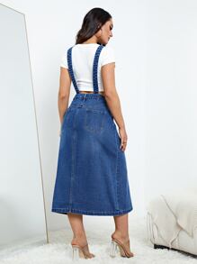 Button Front Denim Pinafore Dress - Medium Wash - View 2