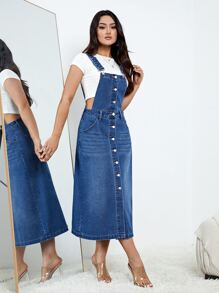 Button Front Denim Pinafore Dress - Medium Wash - View 3