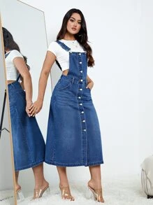 Button Front Denim Pinafore Dress - Medium Wash - View 4