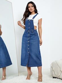 Button Front Denim Pinafore Dress - Medium Wash - View 5