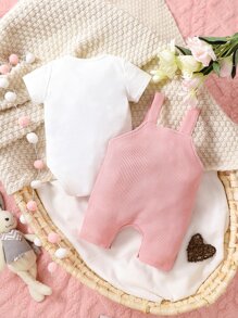 SHEIN 嬰兒女孩新生兒純色連體衣和心形印花背心連體褲 - 彩色 - 查看 2