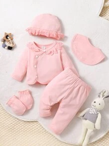 Bộ đồ Em bé Tương phản ren Nút phía trước màu trơn - Hồng - Xem 1
