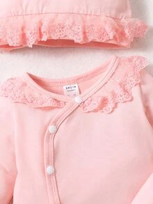 Bộ đồ Em bé Tương phản ren Nút phía trước màu trơn - Hồng - Xem 5