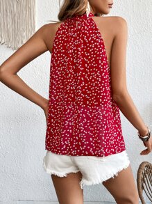 SHEIN VCAY Heart Print Keyhole Back Halter Top - Red and White - View 2