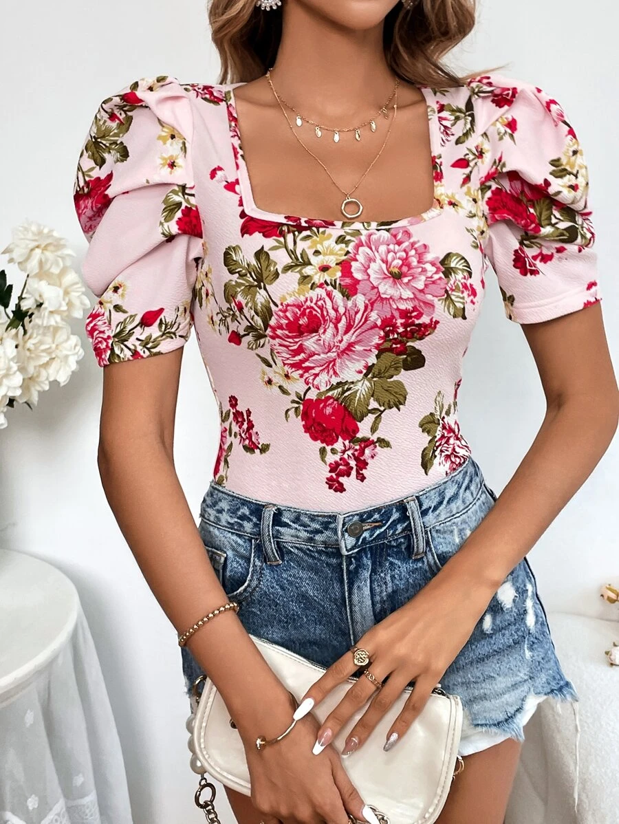 SHEIN Clasi Floral Print Puff Sleeve Blouse - Multicolor - View 1