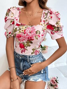 SHEIN Clasi Floral Print Puff Sleeve Blouse - Multicolor - View 4