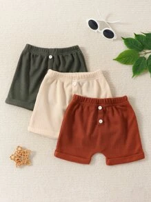 Baby 3pcs Waffle Knit Button Detail Shorts - Multicolor - View 1