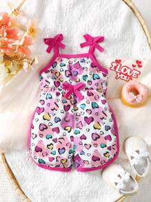 Baby Heart Print Bow Front Contrast Binding Cami Romper - Multicolor - View 1