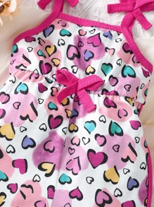 Baby Heart Print Bow Front Contrast Binding Cami Romper - Multicolor - View 3