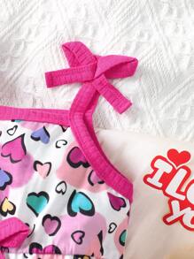 Baby Heart Print Bow Front Contrast Binding Cami Romper - Multicolor - View 4