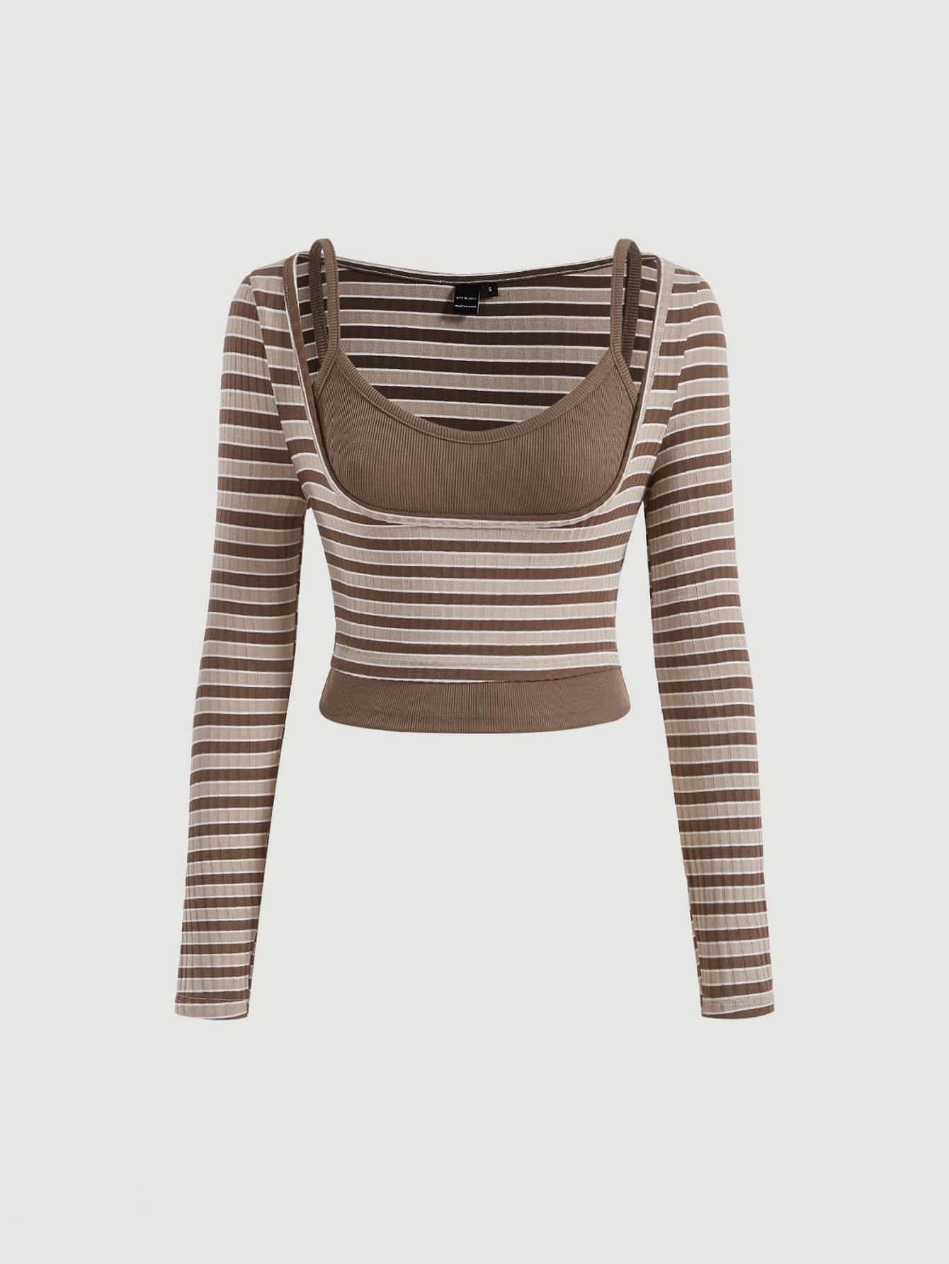 SHEIN MOD Áo crop top in sọc tay dài & áo hai dây - Màu Khaki - Xem 1