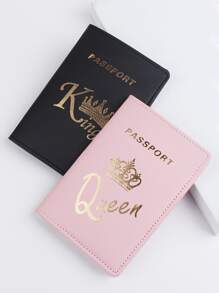 2pcs/set Couples' Hot Stamping Pu Leather Passport Holder Set For Wedding, Honeymoon, Business Travel Passport Cover Passport Case Passport Wallet Passport Bag for Holiday for Vacation Passport Pouch for Flight for Back to School for Men and Women Travel Essentials Travel Accessories vacation accessories travel accessory set for holiday season - Multicolor - View 2