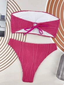 Solid Bandeau High Cut Summer Beach Bikini Set - Hot Pink - View 5