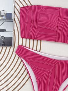 Solid Bandeau High Cut Summer Beach Bikini Set - Hot Pink - View 7