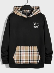 Manfinity Men Plaid & Expression Print Kangaroo Pocket Hoodie - Black - View 1