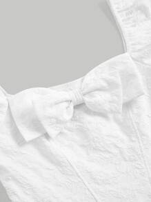 SHEIN MOD Jacquard Square Neck Puff Sleeve Dress - White - View 3