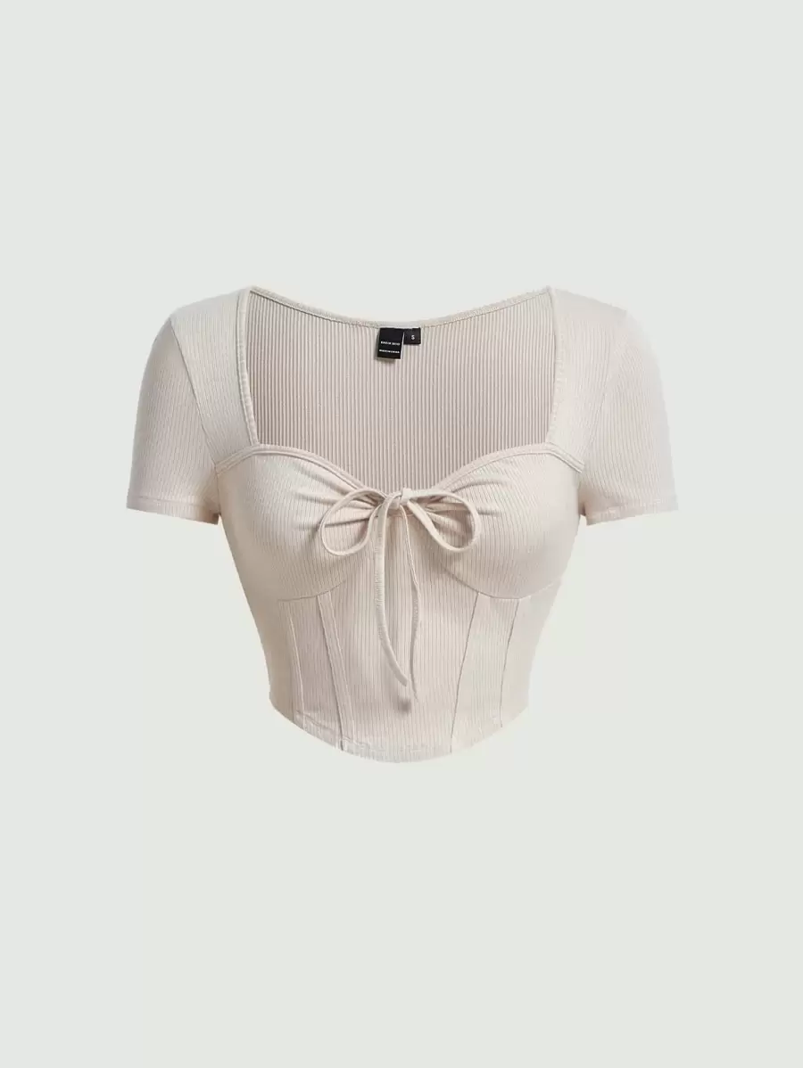 SHEIN MOD Sweetheart Neck Knot Front Crop Corset Structure Tee - Beige - View 1