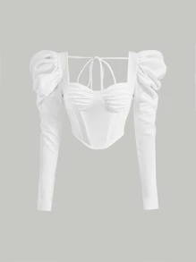 SHEIN MOD Gigot Sleeve Ruched Bustier Bandana Hem Crop Top - White - View 1