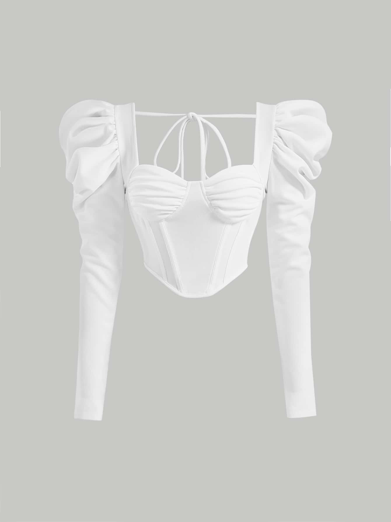 SHEIN MOD Gigot Sleeve Ruched Bustier Bandana Hem Crop Top - White - View 1