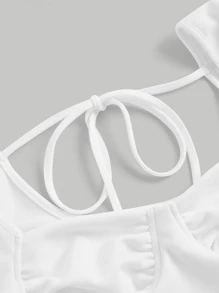 SHEIN MOD Gigot Sleeve Ruched Bustier Bandana Hem Crop Top - White - View 3