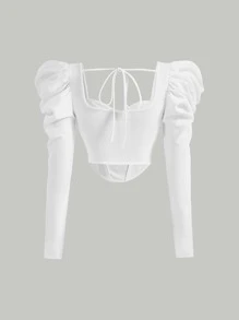 SHEIN MOD Gigot Sleeve Ruched Bustier Bandana Hem Crop Top - White - View 2
