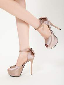 Satin Peep Toe Bow Decor Ankle Strap Pumps - Champagne - View 1