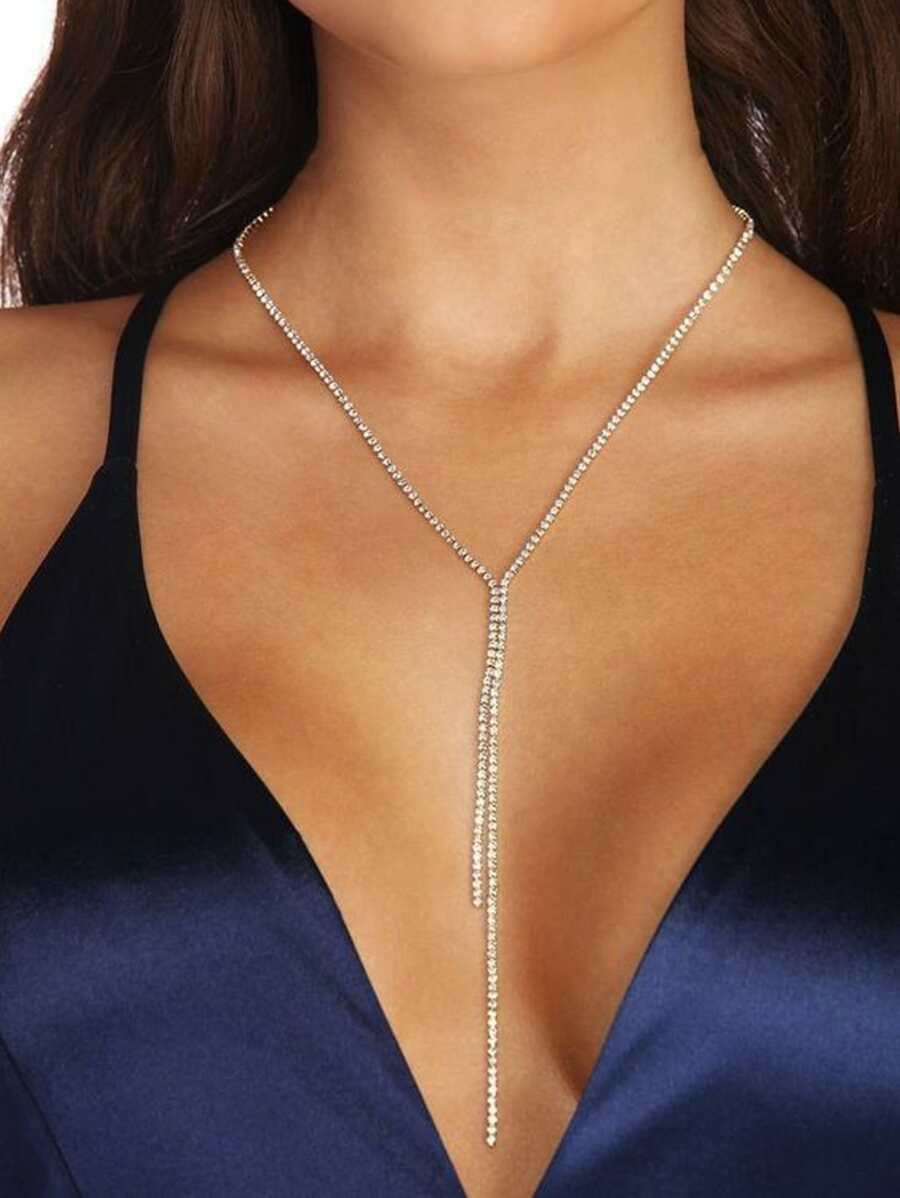 Rhinestone Y Lariat Necklace - Silver - View 1