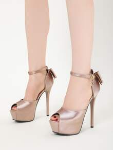 Satin Peep Toe Bow Decor Ankle Strap Pumps - Champagne - View 2