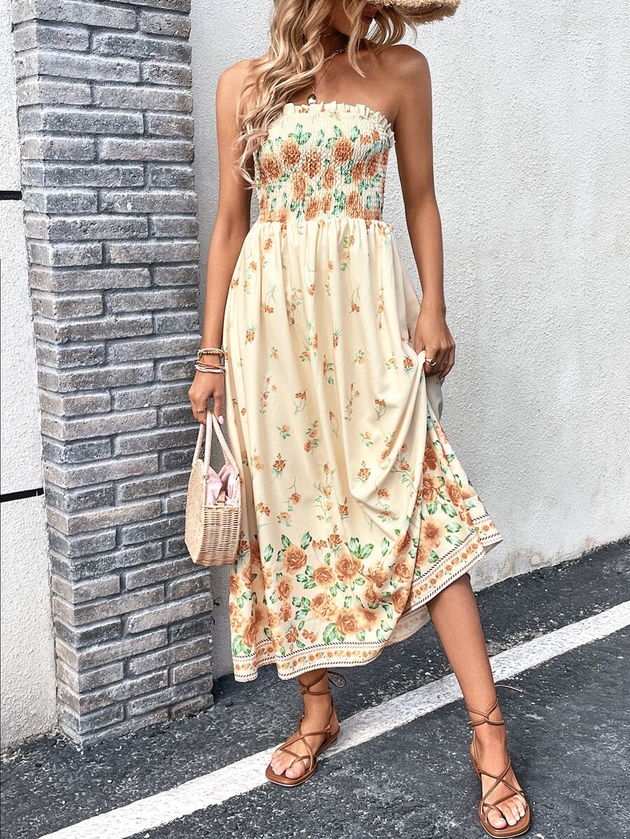 SHEIN VCAY Floral Print Tube Dress - Apricot - View 1