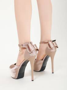 Satin Peep Toe Bow Decor Ankle Strap Pumps - Champagne - View 5