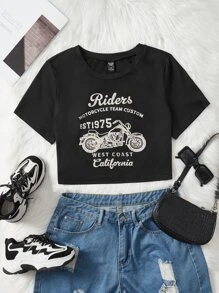 CovetEZ Plus Bikercore Motorcycle & Letter Graphic Tee For Summer - Black - View 1