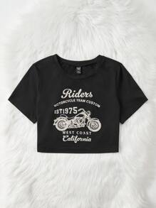 CovetEZ Plus Bikercore Motorcycle & Letter Graphic Tee For Summer - Black - View 3