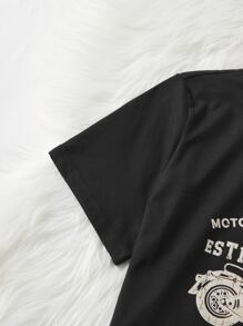 CovetEZ Plus Bikercore Motorcycle & Letter Graphic Tee For Summer - Black - View 4