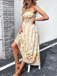 SHEIN VCAY Floral Print Tube Dress - Apricot - View 3