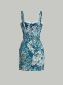 SHEIN MOD Đầm Tương phản ren Dây kéo Hoa Tất cả trên in Giải trí - Nhiều màu - Xem 2