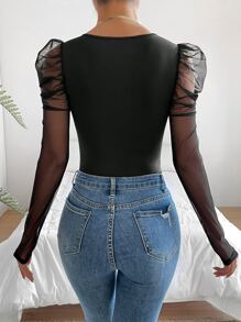 SHEIN SXY Áo liền quần ôm nữ Tương phản Mesh màu trơn Thanh lịch - màu đen - Xem 2