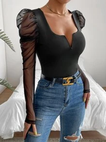 SHEIN SXY Áo liền quần ôm nữ Tương phản Mesh màu trơn Thanh lịch - màu đen - Xem 6