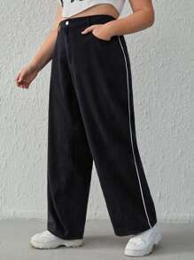 Jeans ribete en contraste de pierna ancha - Negro - Ver 5