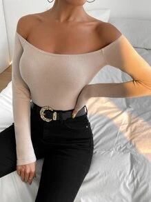 SHEIN Privé Camiseta de hombros descubiertos tejido de canalé - Albaricoque - Ver 1