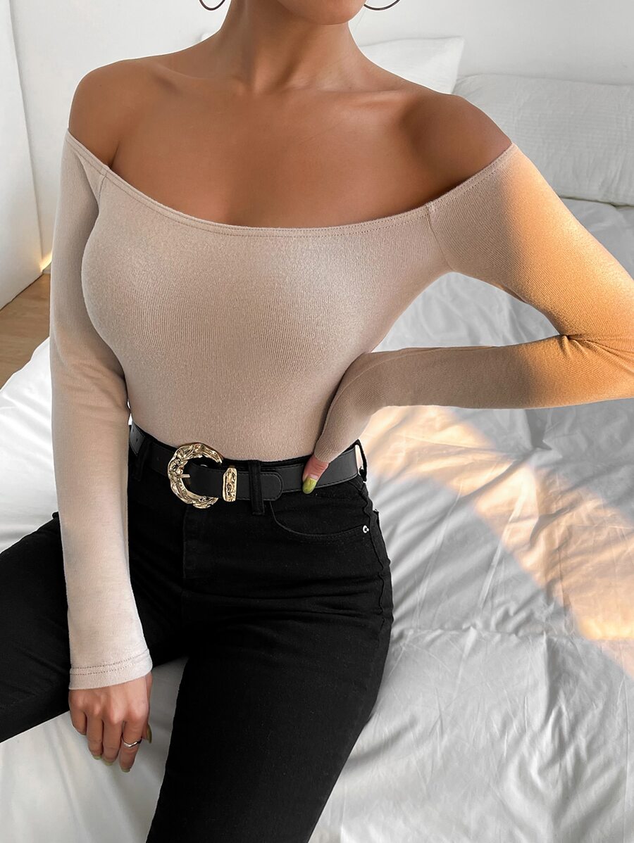 SHEIN Privé Camiseta de hombros descubiertos tejido de canalé - Albaricoque - Ver 1