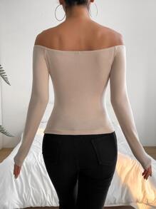 SHEIN Privé Camiseta de hombros descubiertos tejido de canalé - Albaricoque - Ver 2