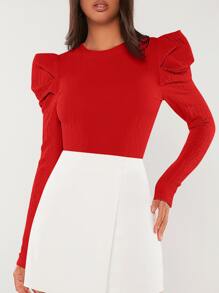 SHEIN Tall Solid Gigot Sleeve Blouse - Red - View 1