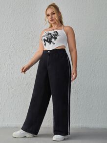 Jeans ribete en contraste de pierna ancha - Negro - Ver 1