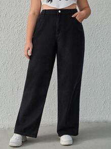 Jeans ribete en contraste de pierna ancha - Negro - Ver 3