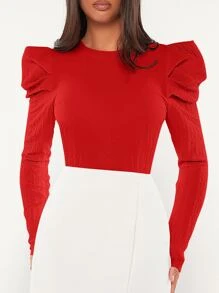SHEIN Tall Solid Gigot Sleeve Blouse - Red - View 3